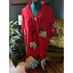 70s Vintage Silky + Soft Red + Multicolored Floral Motif Housecoat Smock